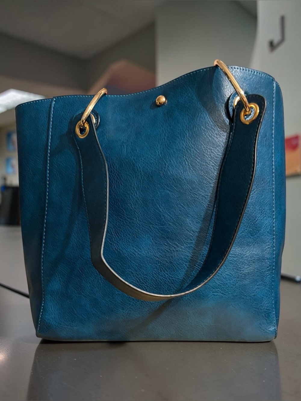 Teal Tote Bag with Gold Hardware